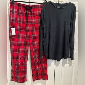 2 Pc Mens PJ Set ❤️🖤NWT~Long, Red Plaid, Soft Fleece Pants / Black Long Sl Top
